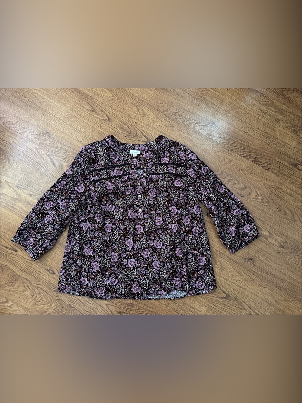 J. Jill bohemian boho Floral Long Sleeve Blouse Purple Black corduroy size XL